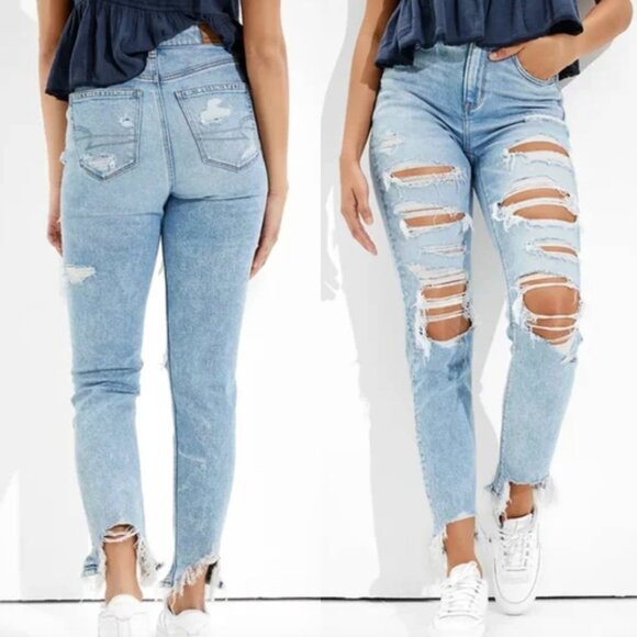 AMERICAN EAGLE AE Stretch Ripped Mom Jean Light Wash High Waisted Distressed 2 - Picture 1 of 16